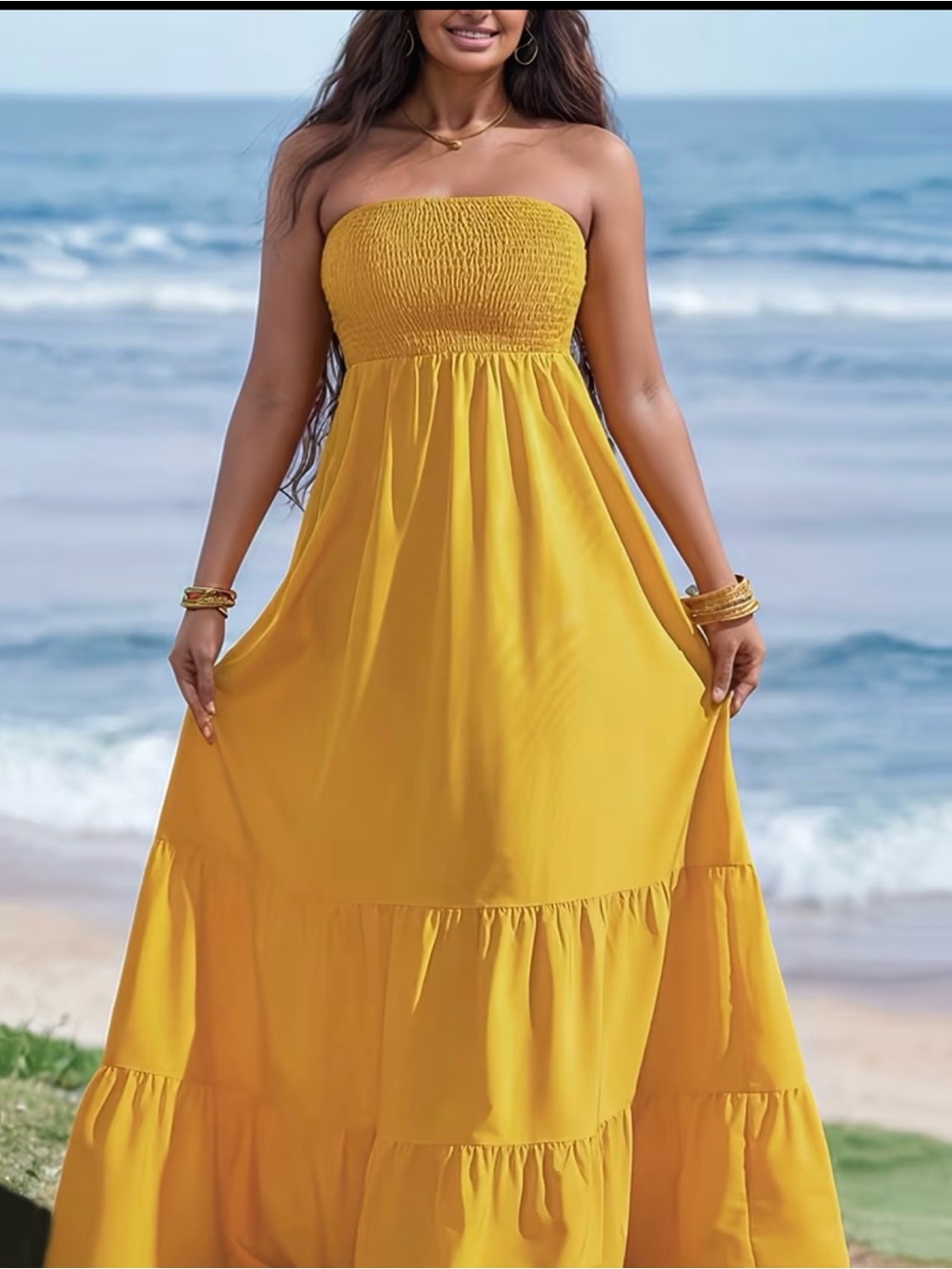 Strapless Smocked Empire Maxi Dress - Yellow